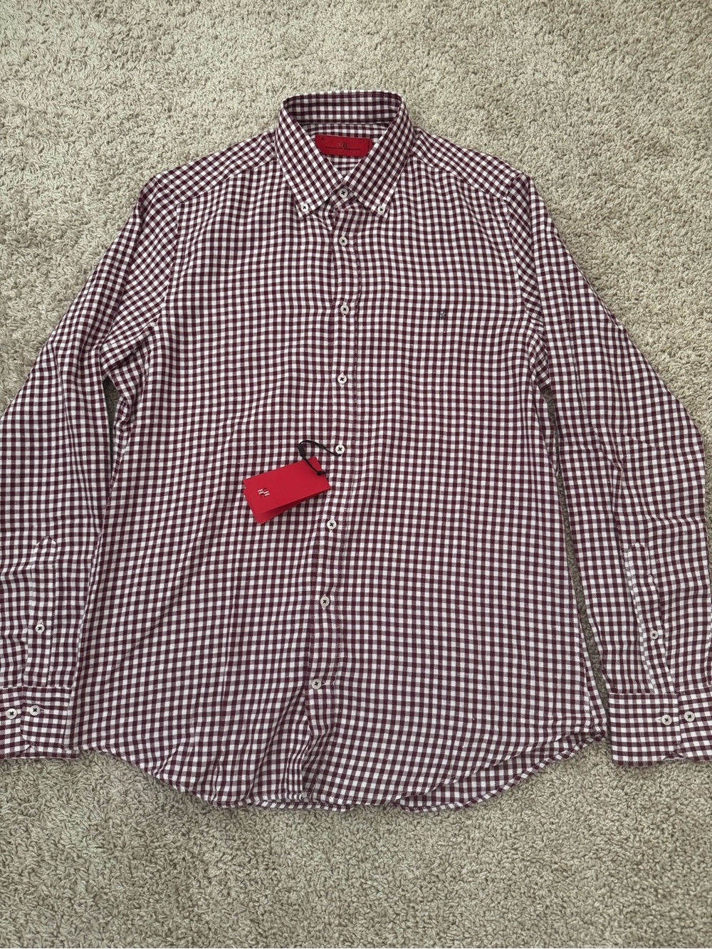 Carolina Herrera Men's Burgundy and White Gingham Button-Down Shirt